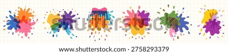 Colorful overlapping vector splash shapes with dripping liquid paint, ink drops stains graphic design elements set