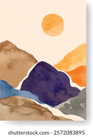 Colorful overlapping watercolor mountains and sun create a beautiful abstract landscape painting, perfect for wall art, posters, and home decor