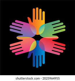 Colorful overlay design of hands. Vector illustration. Isolated on black background. Square design.