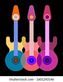 Colorful overlay design isolated on a black background Three Electric Guitars abstract geometric vector illustration. Music poster template.