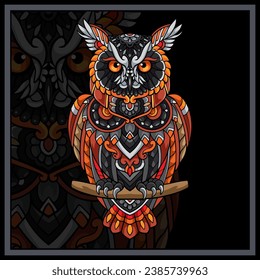 Colorful owl bird mandala arts isolated on black background.