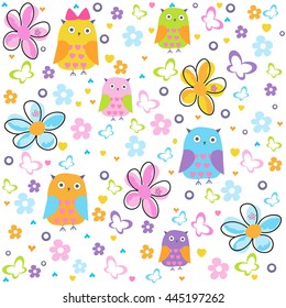 Colorful owl, butterflies and flowers vector pattern illustration