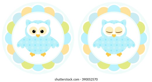 Colorful owl in circle. For cards, invitations, wedding or baby shower albums, backgrounds, arts and scrapbooks. Vector illustration.