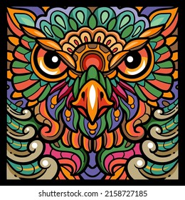 Colorful owl face mandala arts. isolated on black background.