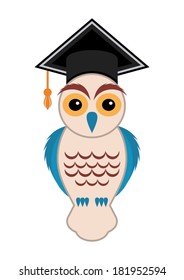 Colorful owl with graduation hat on white background