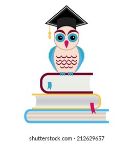 Colorful owl with graduation hat sitting on books