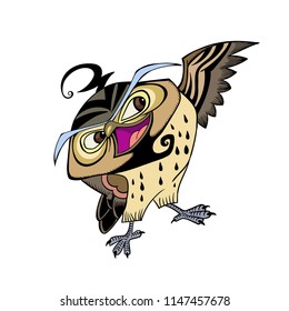 The colorful owl. Hand drawn illustration,For books illustration, animals illustration,background,clip arts, decoration.