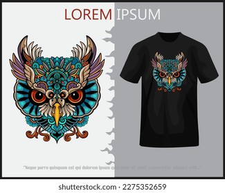 Colorful owl head mandala arts isolated on white black t-shirt.