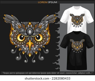 Colorful owl head mandala arts isolated on black and white t-shirt.