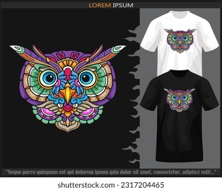 Colorful Owl head mandala arts isolated on black and white t shirt.