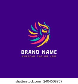 Colorful owl logo vector illustration. Minimalist nocturnal bird mascot emblem design on purple background.