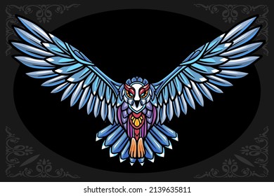 Colorful Owl mandala arts, isolated on black background