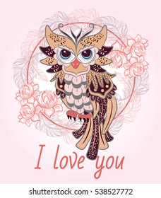 Colorful owl on the deamcatcher with flowers and feathers. Boho chic style. Hand drawn. Vector illustration.