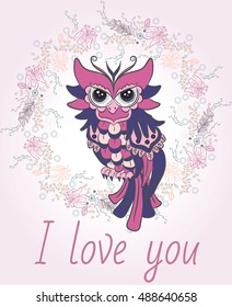 Colorful owl on the flowers frame. Boho chic style. Hand drawn. Vector illustration.