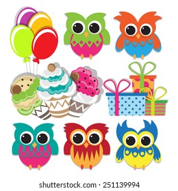 colorful owl set for birthday celebration design. vector illustration