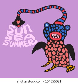 Colorful owl with sun sea summer banner.