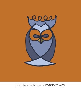 Colorful owl totem. Vector cartoon sign of owl in trendy hand drawn style with natural pencil texture. Bird character symbol design. Line art eagle-owl doodle. Flying animal icon.