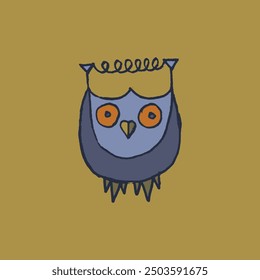 Colorful owl totem. Vector cartoon sign of owl in trendy hand drawn style with natural pencil texture. Bird character symbol design. Line art eagle-owl doodle. Flying animal icon.