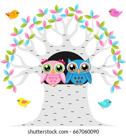 colorful owls and birds on the tree