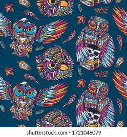 Colorful owls seamless pattern. Gothic fairy tale art. Old school tattoo style. Esoteric magic birds, traditional tattooing background 