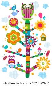 colorful owl`s tree in bloom