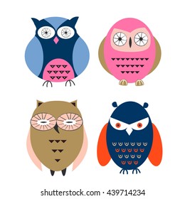 Colorful owls vector illustration. Sticker for noursery and baby room. Wall design pattern.