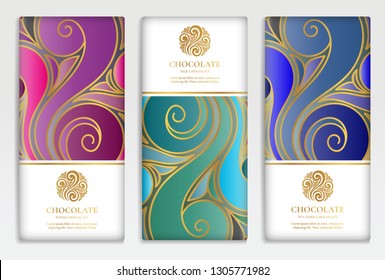 Colorful packaging design of chocolate bars. Vintage vector ornament template. Elegant, classic elements. Great for food, drink and other package types. Can be used for background and wallpaper.