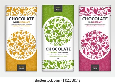 Colorful packaging design of chocolate bars. Vintage vector ornament template. Elegant, classic elements. Great for food, drink and other package types. Can be used for background and wallpaper.