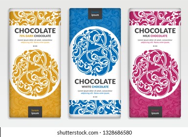 Colorful packaging design of chocolate bars. Vintage vector ornament template. Elegant, classic elements. Great for food, drink and other package types. Can be used for background and wallpaper.