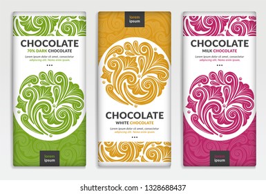 Colorful packaging design of chocolate bars. Vintage vector ornament template. Elegant, classic elements. Great for food, drink and other package types. Can be used for background and wallpaper.
