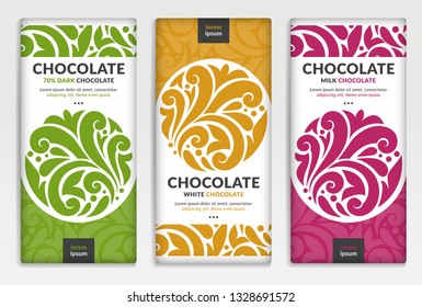 Colorful packaging design of chocolate bars. Vintage vector ornament template. Elegant, classic elements. Great for food, drink and other package types. Can be used for background and wallpaper.