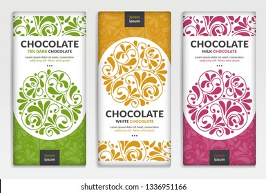 Colorful packaging design of chocolate bars. Vintage vector ornament template. Elegant, classic elements. Great for food, drink and other package types. Can be used for background and wallpaper.