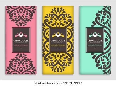 Colorful packaging design of chocolate bars. Vintage vector ornament template. Elegant, classic elements. Great for food, drink and other package types. Can be used for background and wallpaper.