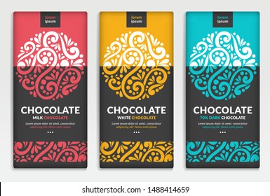 Colorful packaging design of chocolate bars. Vintage vector ornament template. Elegant, classic elements. Great for food, drink and other package types. Can be used for background and wallpaper.