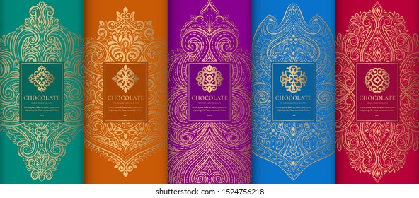 Colorful packaging design of chocolate bars. Vintage vector ornament template. Elegant, classic elements. Great for food, drink and other package types. Can be used for background and wallpaper.