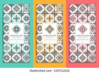 Colorful packaging design of chocolate bars. Vintage vector ornament template. Elegant, classic elements. Great for food, drink and other package types. Can be used for background and wallpaper.