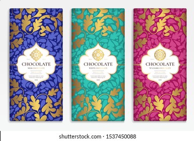 Colorful packaging design of chocolate bars. Vintage vector ornament template. Elegant, classic elements. Great for food, drink and other package types. Can be used for background and wallpaper.