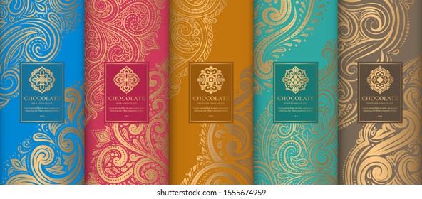 Colorful packaging design of chocolate bars. Vintage vector ornament template. Elegant, classic elements. Great for food, drink and other package types. Can be used for background and wallpaper.