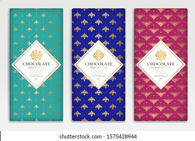 Colorful packaging design of chocolate bars. Vintage vector ornament template. Elegant, classic elements. Great for food, drink and other package types. Can be used for background and wallpaper.