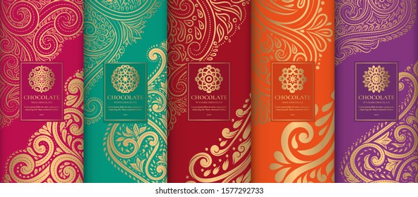 Colorido diseño de embalaje de barras de chocolate. Plantilla de ornamento vectorial vintage. Elementos elegantes y clásicos. Ideal para comidas, bebidas y otros tipos de paquetes. Se puede utilizar para fondo y papel tapiz.