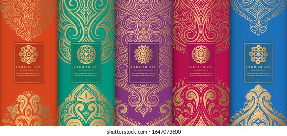 Colorful packaging design of chocolate bars. Vintage vector ornament template. Elegant, classic elements. Great for food, drink and other package types. Can be used for background and wallpaper.