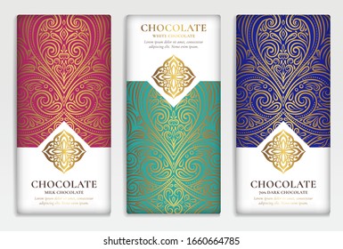 Colorful packaging design of chocolate bars. Vintage vector ornament template. Elegant, classic elements. Great for food, drink and other package types. Can be used for background and wallpaper.