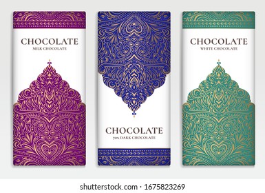 Colorful packaging design of chocolate bars. Vintage vector ornament template. Elegant, classic elements. Great for food, drink and other package types. Can be used for background and wallpaper.