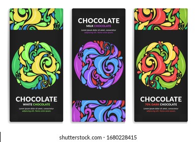 Colorful packaging design of chocolate bars. Vintage vector ornament template. Elegant, classic elements. Great for food, drink and other package types. Can be used for background and wallpaper.