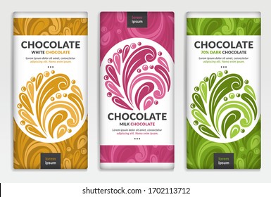 Colorful packaging design of chocolate bars. Vintage vector ornament template. Elegant, classic elements. Great for food, drink and other package types. Can be used for background and wallpaper.