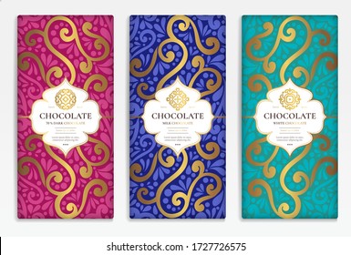 Colorful packaging design of chocolate bars. Vintage vector ornament template. Elegant, classic elements. Great for food, drink and other package types. Can be used for background and wallpaper.