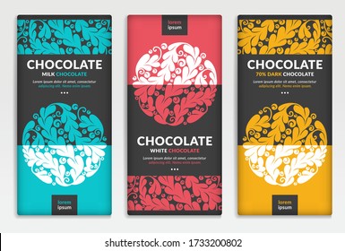 Colorido diseño de empaque de barras de chocolate. Plantilla de ornamento vectorial vintage. Elementos elegantes y clásicos. Ideal para comidas, bebidas y otros tipos de paquetes. Se puede usar para fondo y fondo de pantalla.