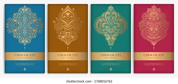 Colorful packaging design of chocolate bars. Vintage vector ornament template. Elegant, classic elements. Great for food, drink and other package types. Can be used for background and wallpaper.