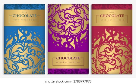 Colorful packaging design of chocolate bars. Vintage vector ornament template. Elegant, classic elements. Great for food, drink and other package types. Can be used for background and wallpaper.