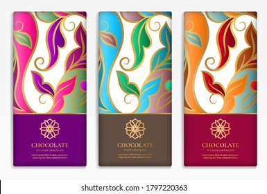 Colorful packaging design of chocolate bars. Vintage vector ornament template. Elegant, classic elements. Great for food, drink and other package types. Can be used for background and wallpaper.